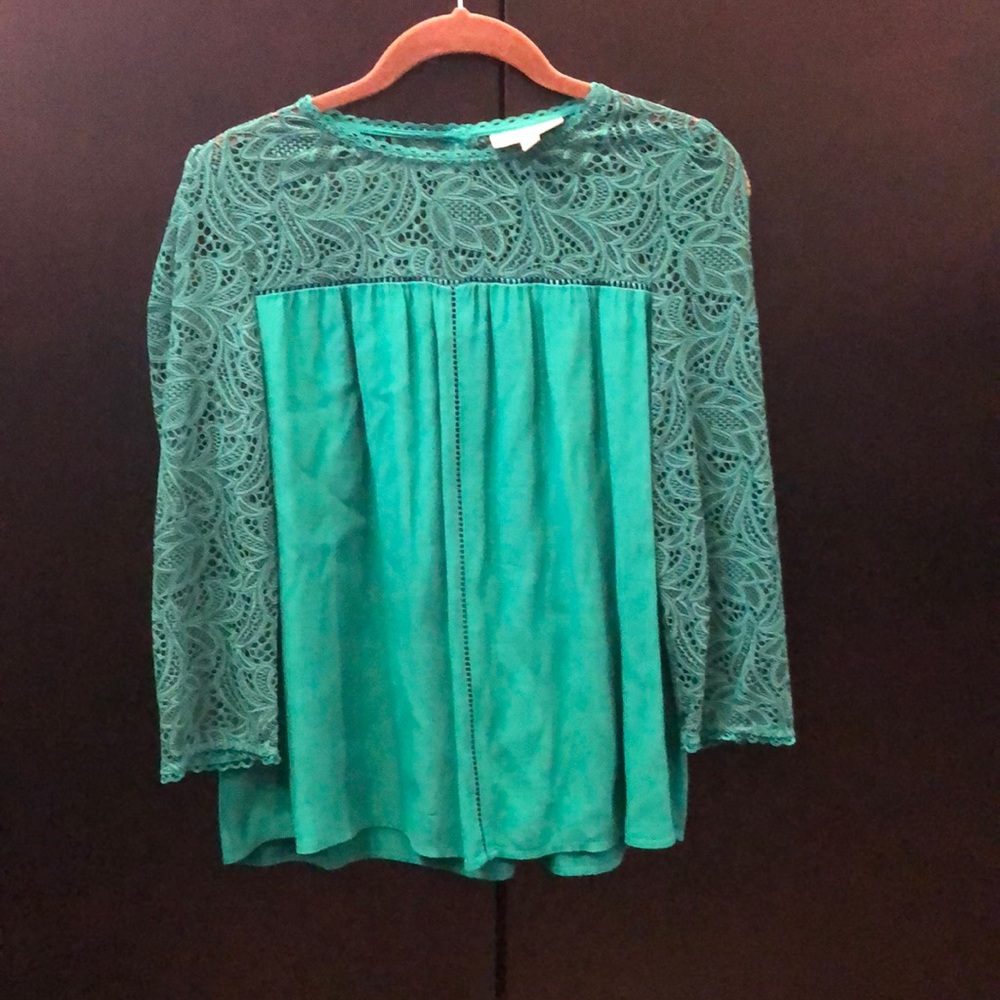 Emerald silk like lace blouse Anthropologie